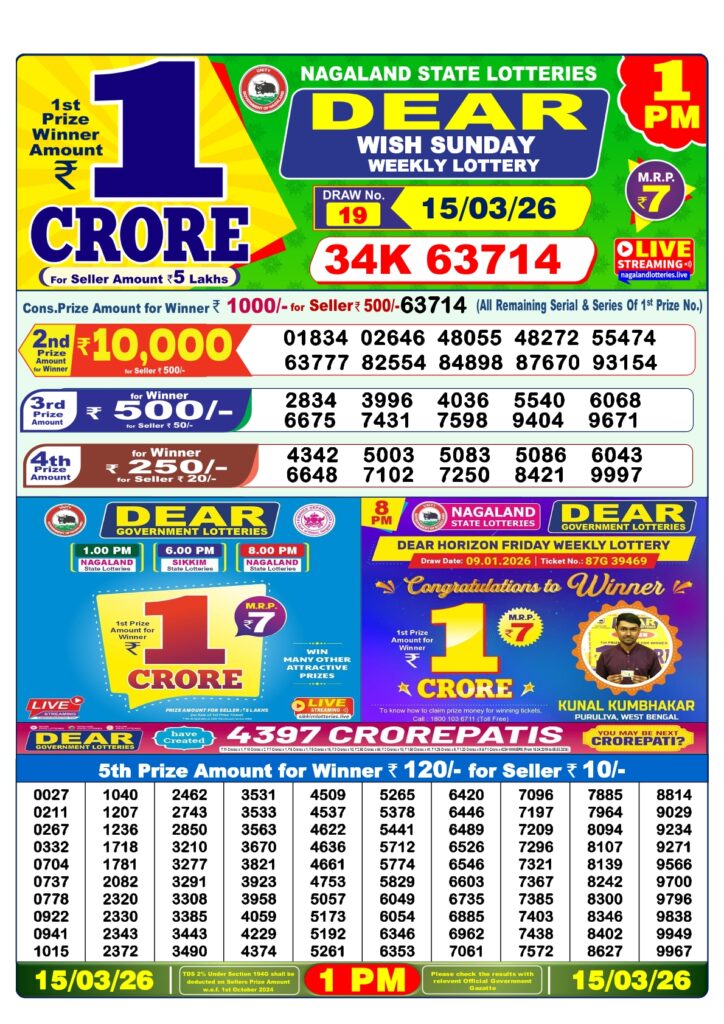 Lottery Sambad 1PM Result Today 15 March 2026