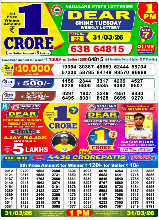 Lottery Sambad 1PM Result Today 31 March 2026​