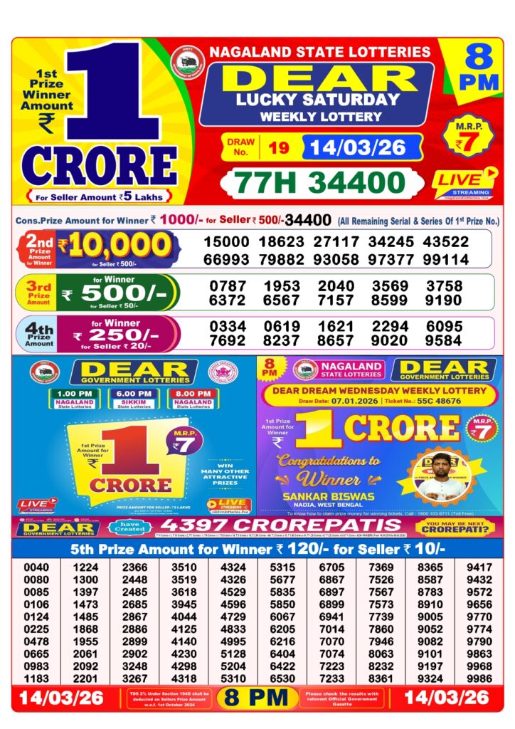 Lottery Sambad 8PM Result 14 March 2026