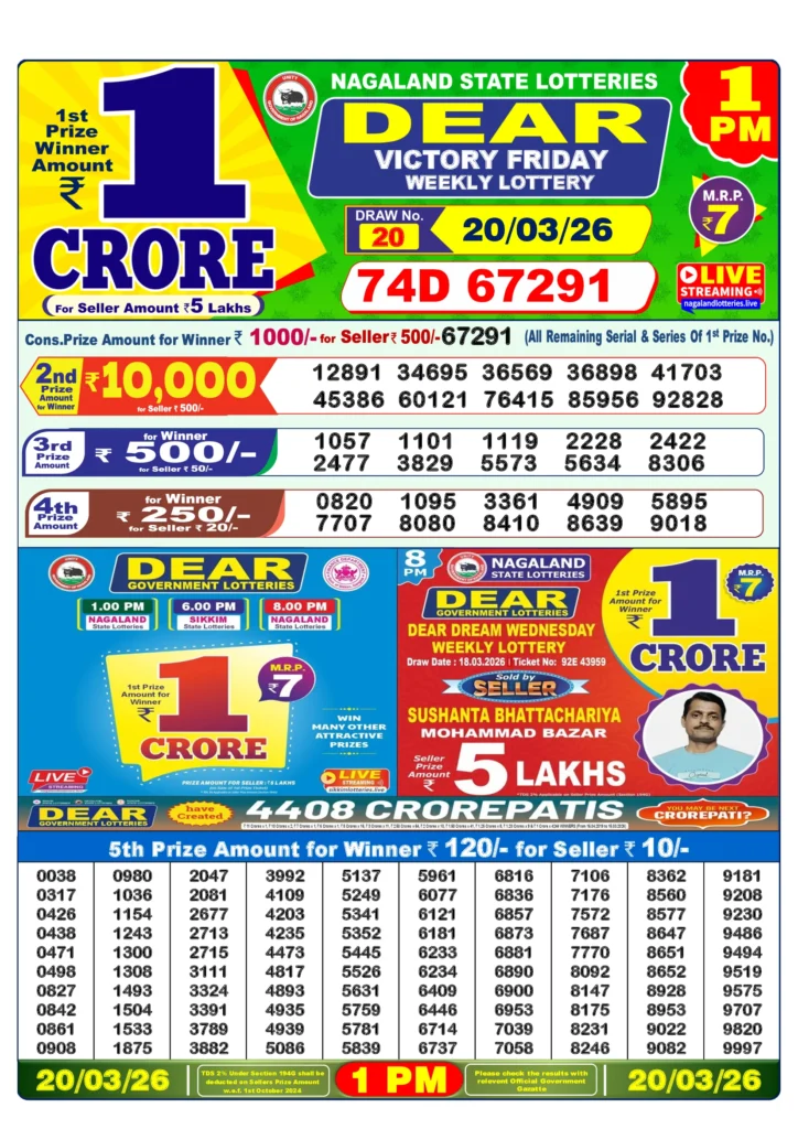 Lottery Sambad 1PM Result Today 20 March 2026