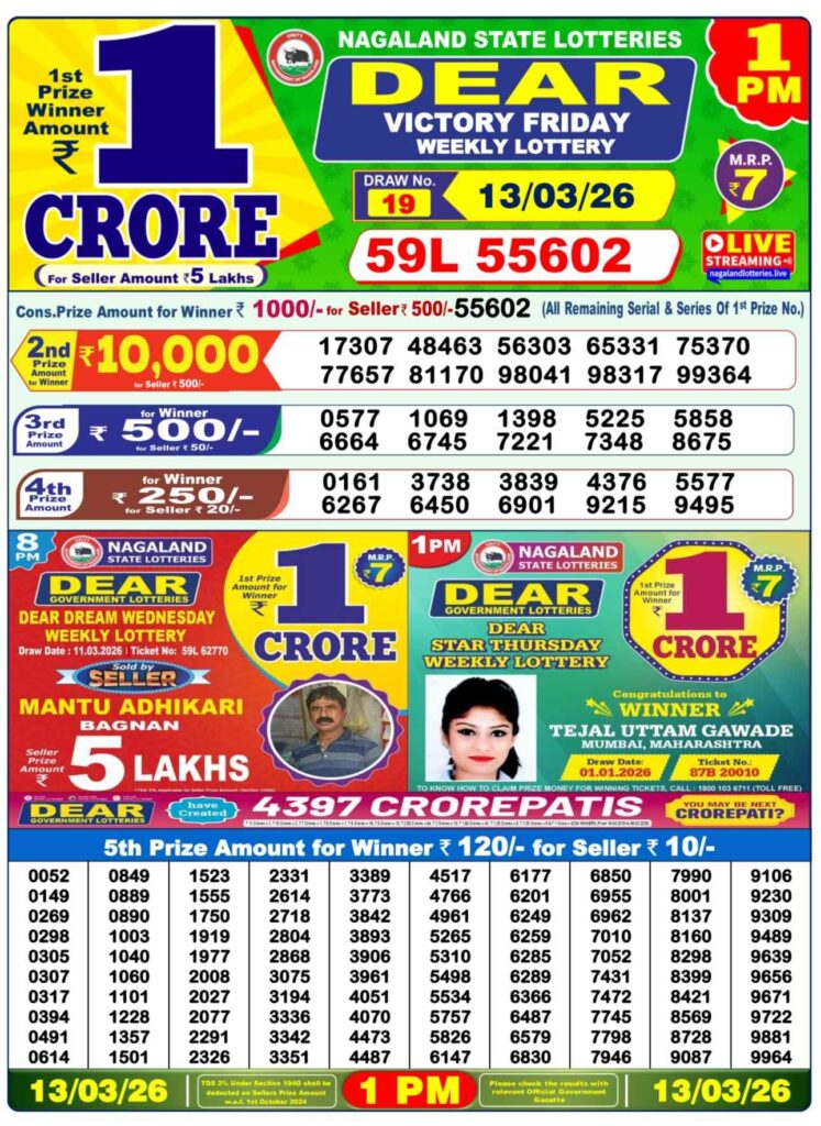 13.03.2026 Live Dear Lottery – Lottery Sambad Morning Result 1PM