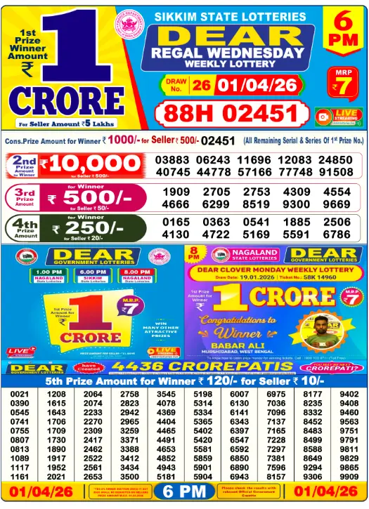 Lottery Sambad 6PM Result Today 1 April 2026​