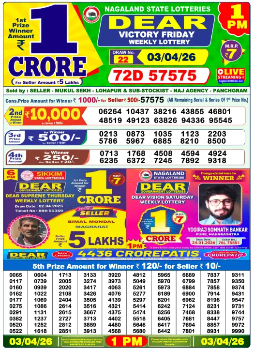 Lottery Sambad 1PM Result Today 3 April 2026​