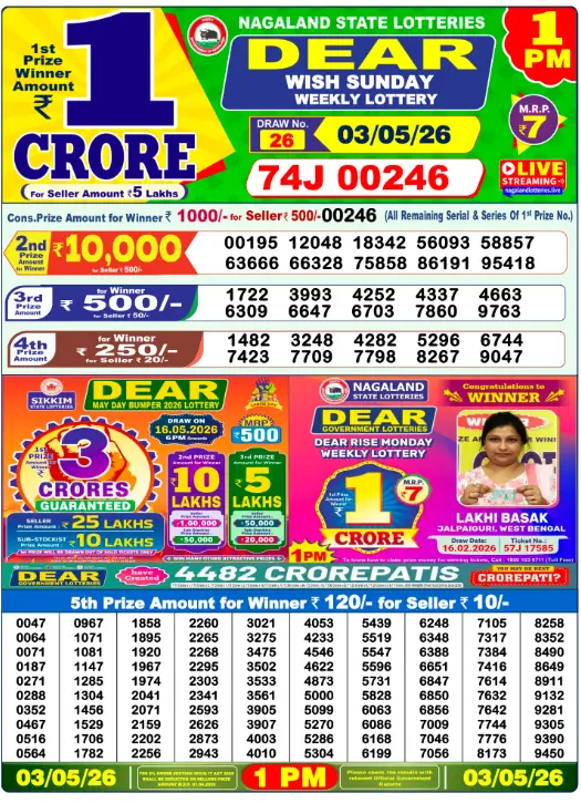 Lottery Sambad 1PM Result Today 03 May 2026​