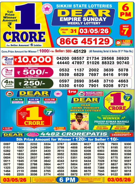 Lottery Sambad 6PM Result Today 03 May 2026 ​